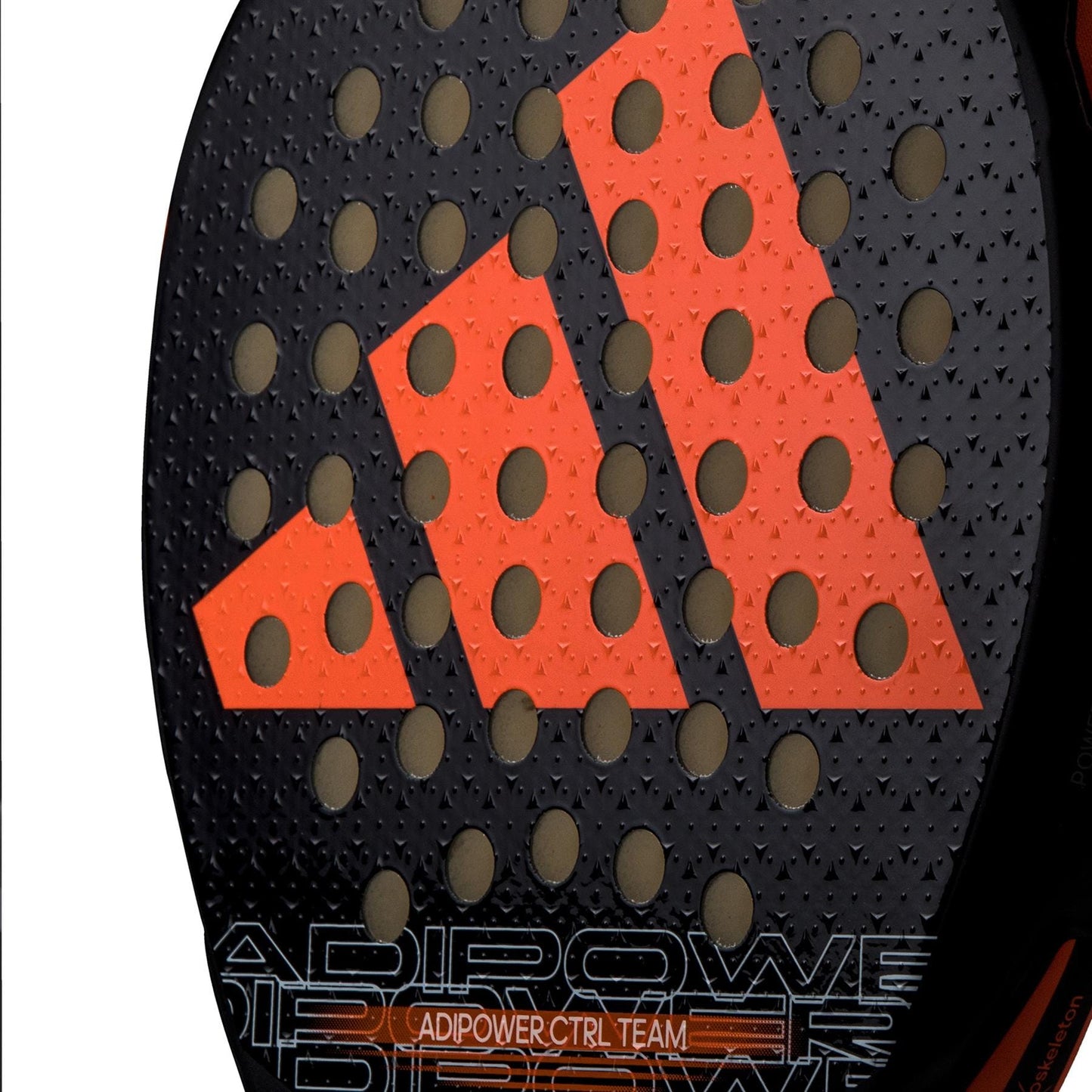 A detailed view of the adidas ADIPOWER CTRL Team 3.3 Padel Racket in black and orange, showcasing a bold large orange triangle design composed of dots. The words "ADIDAS Adipower CTRL Team 3.3" shimmer at the bottom in reflective lettering, providing excellent control for intermediate players.