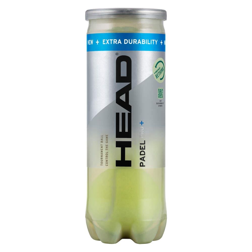 The HEAD Padel Pro+ Padel Balls come in a sleek silver and blue cylindrical tube, endorsed by the Spanish Padel Federation for its "Extra Durability." The transparent bottom reveals three vibrant yellow padel balls inside.