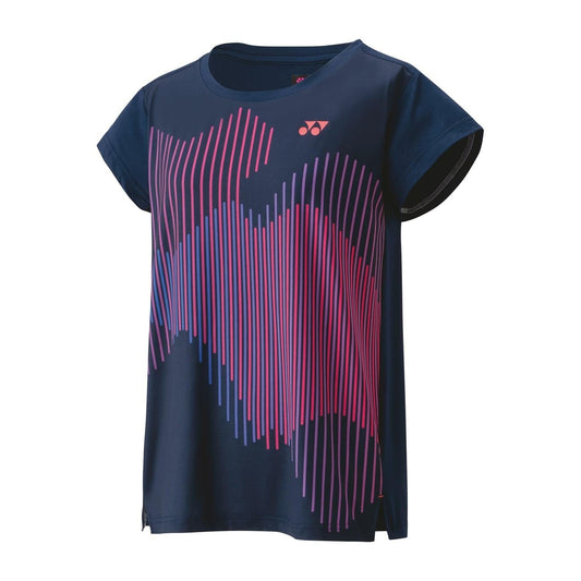 Introducing the Yonex 20764 Crew Neck Women's Padel T-Shirt in Indigo Marine. This stylish piece features an abstract design of pink and purple vertical wave patterns. Enhanced with Yonex's VeryCool technology for ultimate comfort, it includes short sleeves and a subtle red logo near the neckline.