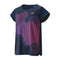 Introducing the Yonex 20764 Crew Neck Women's Padel T-Shirt in Indigo Marine. This stylish piece features an abstract design of pink and purple vertical wave patterns. Enhanced with Yonex's VeryCool technology for ultimate comfort, it includes short sleeves and a subtle red logo near the neckline.