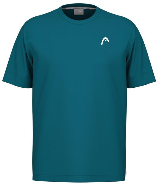The HEAD Slice II Men's Padel T-Shirt in teal features a small white chest logo, a round neckline, and relaxed fit. Made from polyester interlock fabric, it incorporates Moisture Transfer Microfiber technology for superior comfort.
