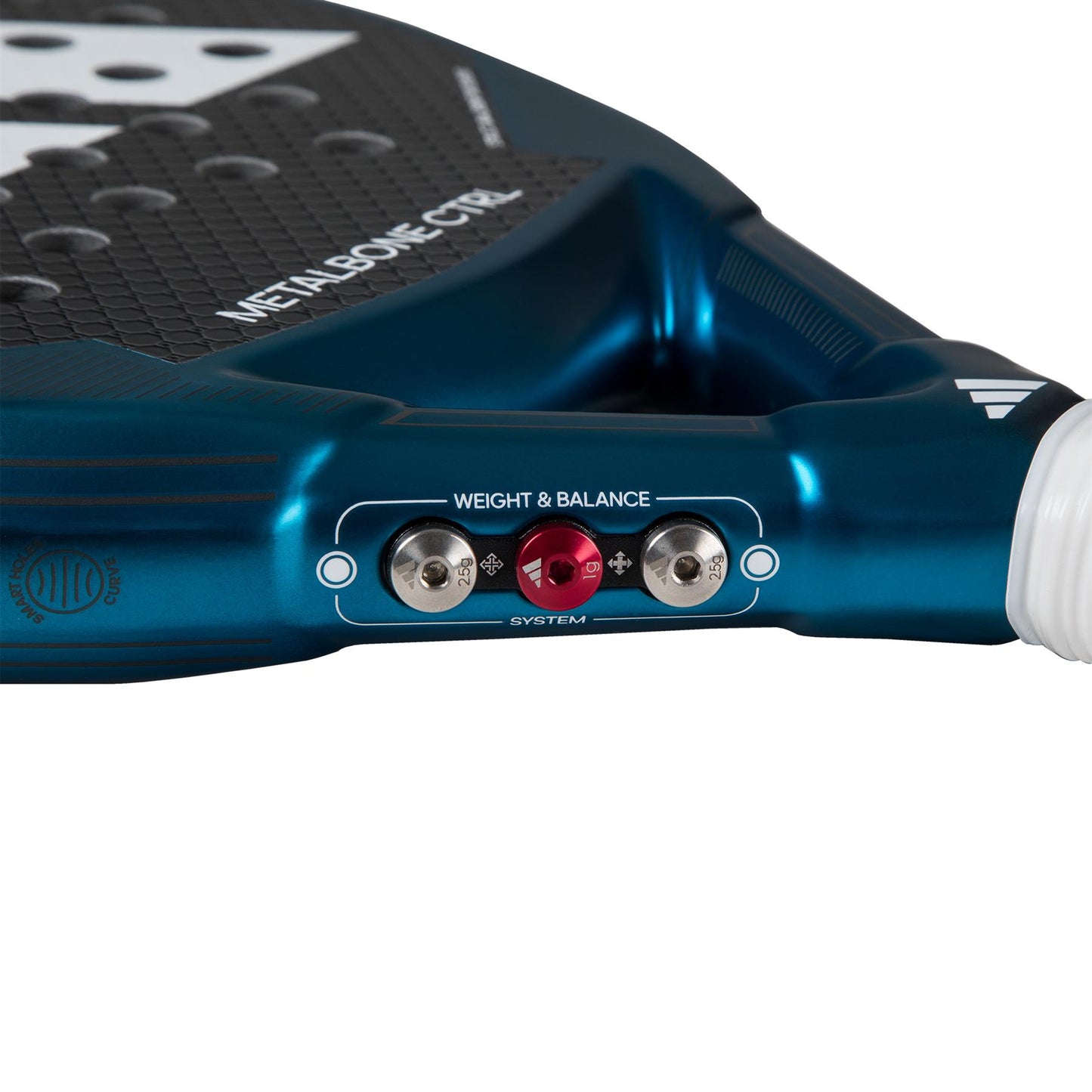 Close-up of the adidas ADIDAS Metalbone CTRL 3.3 Padel Racket - Blue, tailored for advanced players. This racket showcases a "WEIGHT & BALANCE" adjustment system with two metal screws highlighted by a red center, and its contemporary, elegant appearance is accentuated by textured grip patterns on the handle.