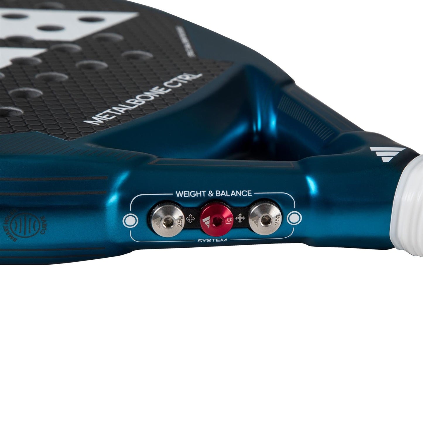 Close-up of the adidas ADIDAS Metalbone CTRL 3.3 Padel Racket - Blue, tailored for advanced players. This racket showcases a "WEIGHT & BALANCE" adjustment system with two metal screws highlighted by a red center, and its contemporary, elegant appearance is accentuated by textured grip patterns on the handle.
