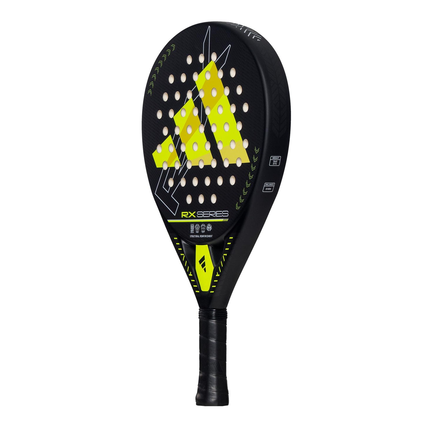 The ADIDAS RX Series Lime 3.4 padel racket, in black and lime, is ideal for intermediate players with its cushioned black grip and bold geometric design. Its aerodynamic shape and strategic holes enhance control during play.