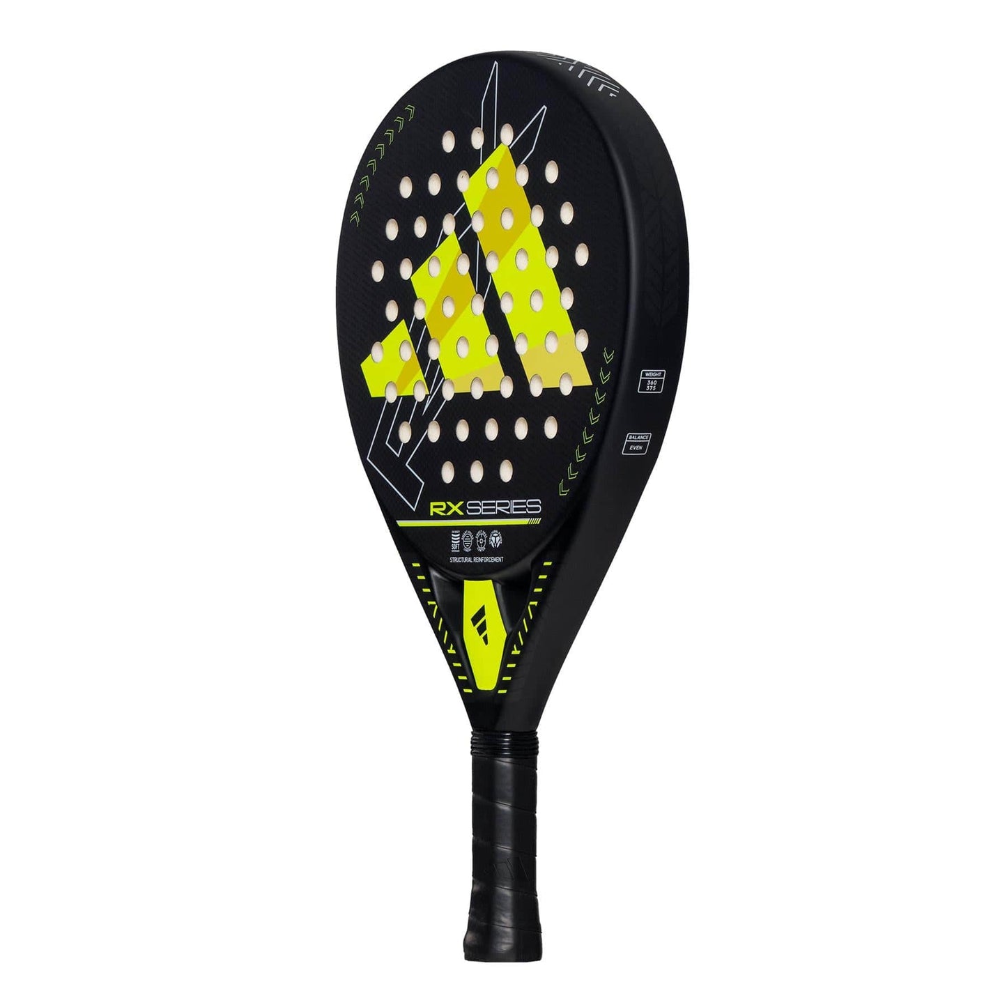 The ADIDAS RX Series Lime 3.4 padel racket, in black and lime, is ideal for intermediate players with its cushioned black grip and bold geometric design. Its aerodynamic shape and strategic holes enhance control during play.