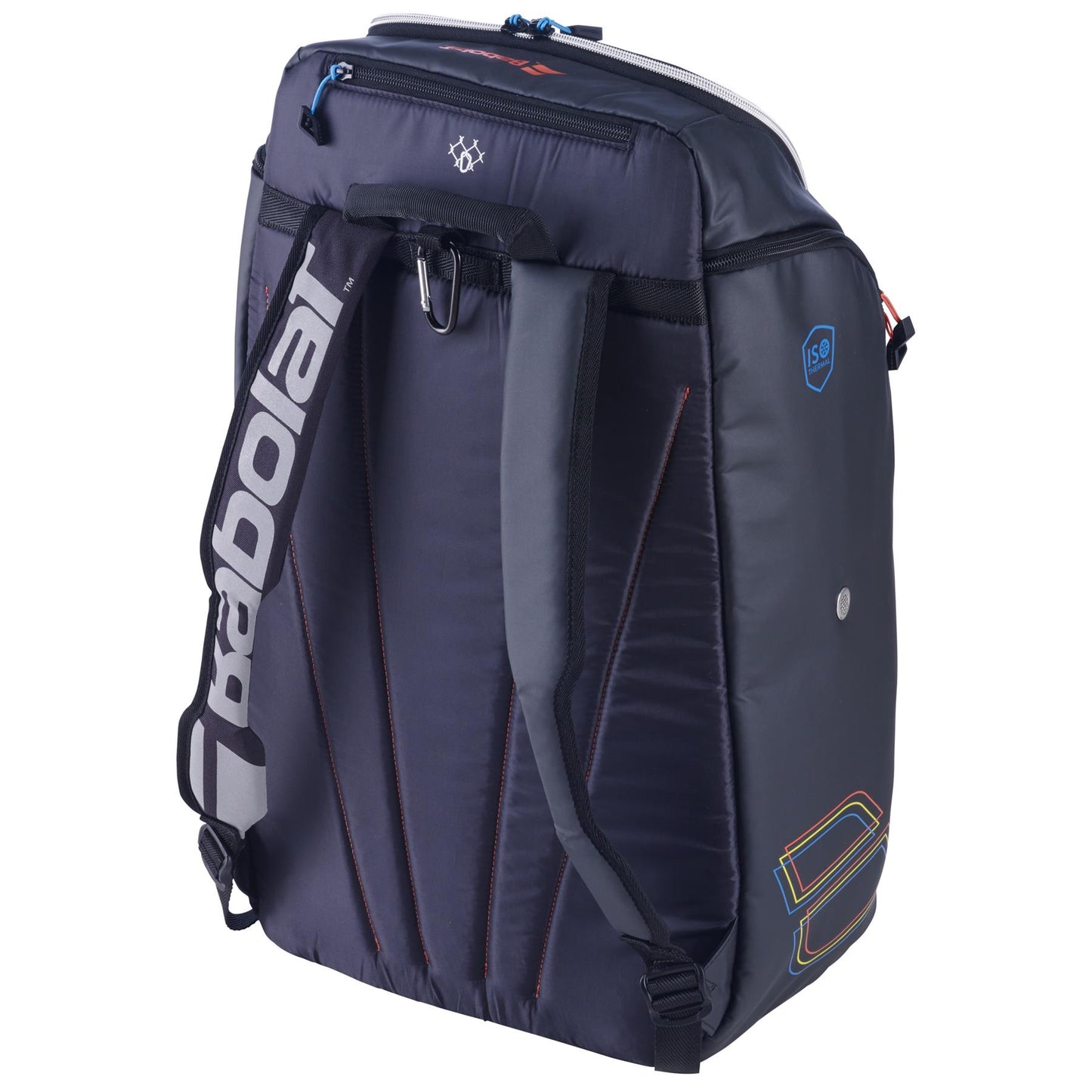 The Babolat RH Perf Padel Backpack - Black, from the renowned brand Babolat, features padded shoulder straps and a rugged, waterproof exterior. It offers several compartments including a racquet pocket, and showcases colorful stitching that enhances the branding on the side.