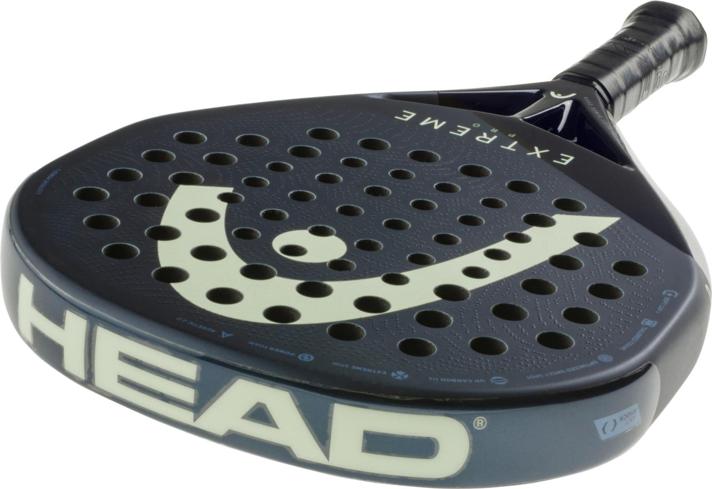 A close-up of the HEAD Extreme Pro 2025 Padel Racket - Blue shows its diamond-shaped head, perforated surface, and "EXTREME" near the handle, with the HEAD logo displayed on the face and edge.