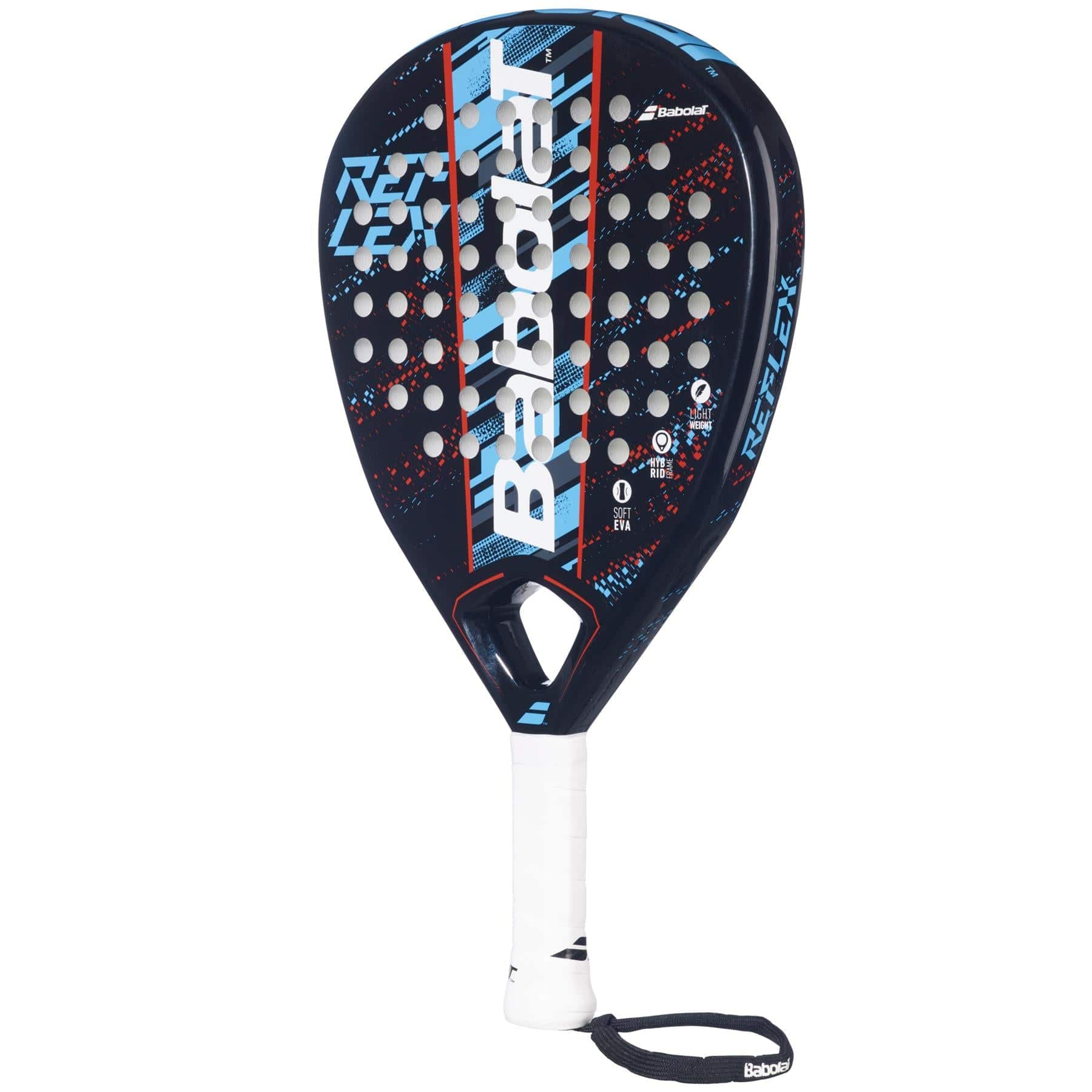The Babolat Reflex Padel Racket - Black / Blue features a diamond-shaped head in shades of blue and black, highlighted by a stylish white and red design on its carbon fiber composite surface. The handle displays the word "Reflex" and is colored white with a useful black wrist strap.