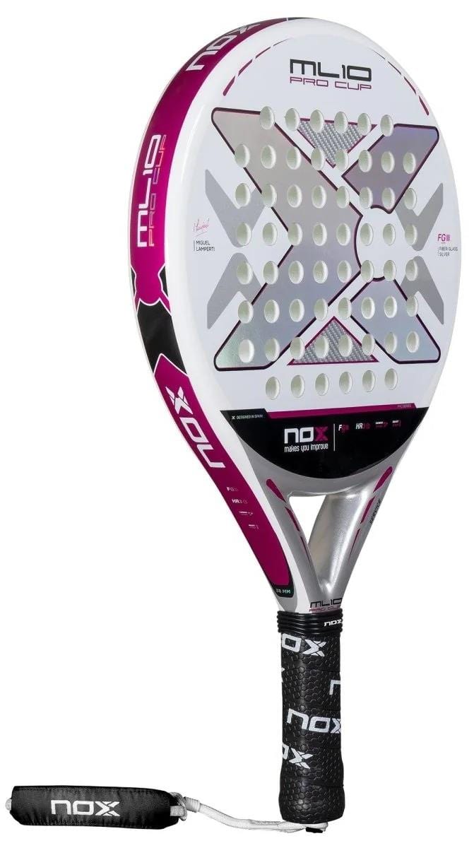 The NOX ML10 Pro Cup Silver By Miguel Lamperti 2025 Padel Racket features a white, silver, and pink design, Carbon Structure, perforated face, black grip with white branding, and a detachable black Smartstrap System wrist strap.