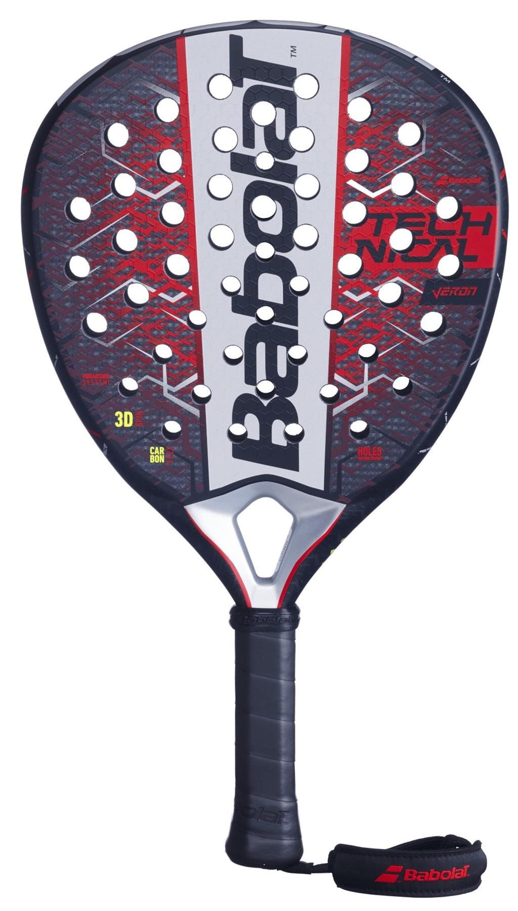 The Babolat Technical Veron 2.5 Padel Racket - Red features a black, red, and gray design with round holes, Carbon Flex construction, a black grip, and a wrist strap displaying the Babolat logo.