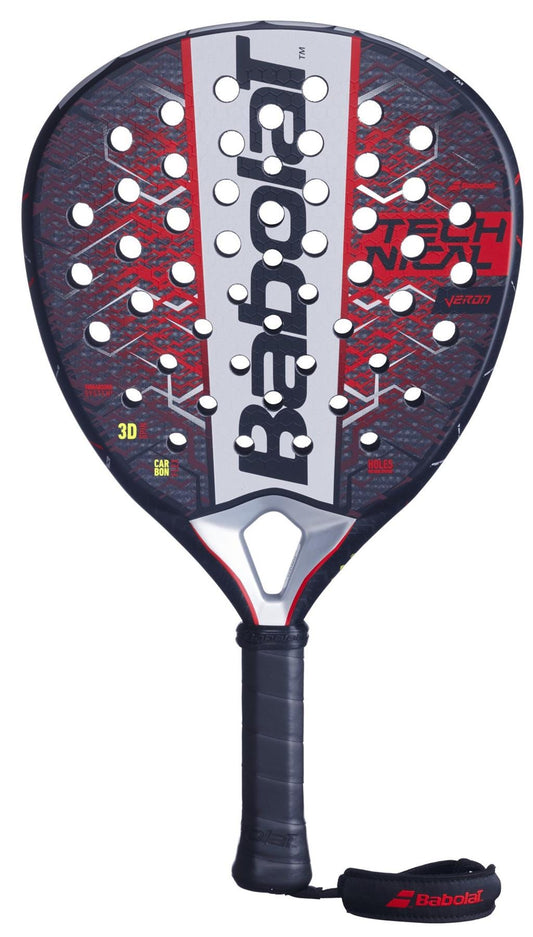 The Babolat Technical Veron 2.5 Padel Racket - Red features a black, red, and gray design with round holes, Carbon Flex construction, a black grip, and a wrist strap displaying the Babolat logo.