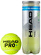 A tube of HEAD Padel Pro+ Padel Balls, endorsed by the Spanish Padel Federation, features a blue "extra durability" label, with a yellow padel ball marked "Head Padel Pro+" beside it.