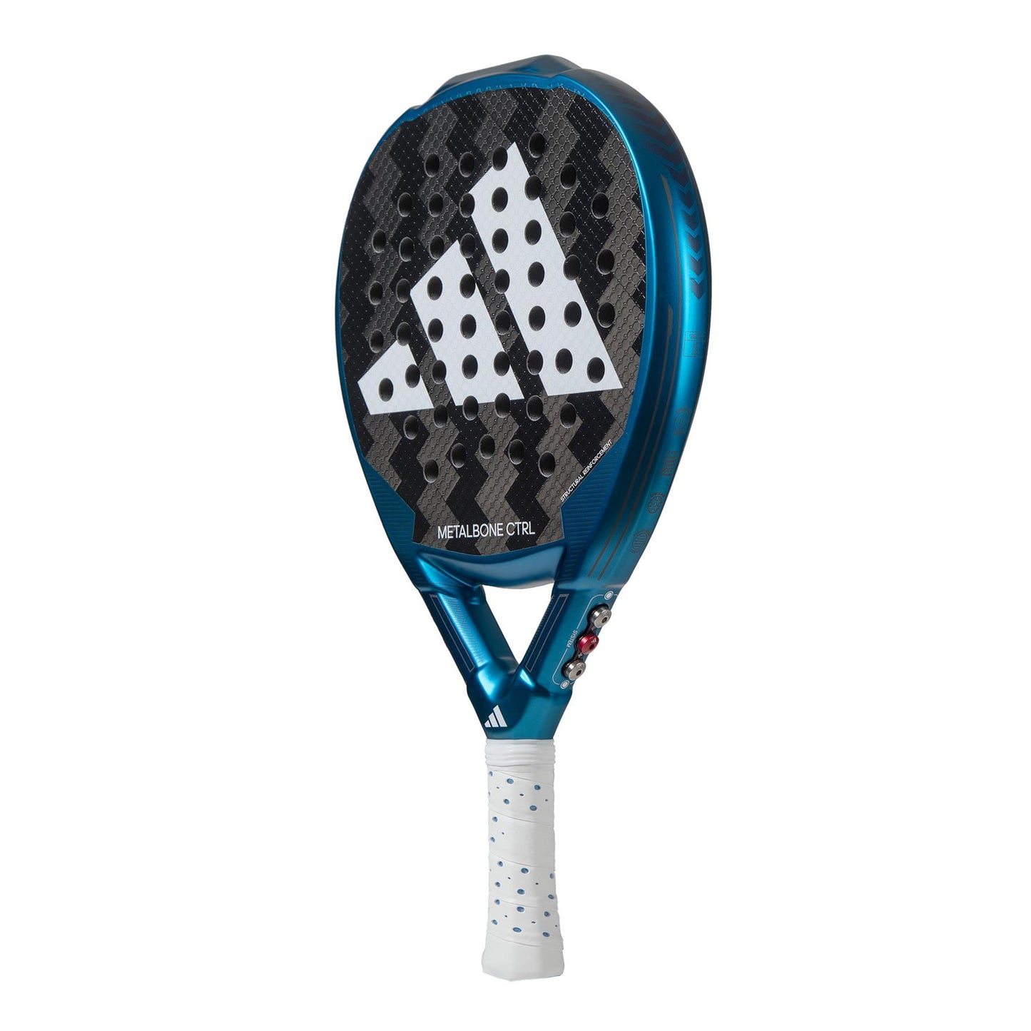 A detailed view of the ADIDAS Metalbone CTRL 3.3 Padel Racket - Blue, featuring a black and silver patterned face that is ideal for advanced players. The adidas brand logo stands out prominently in white on the surface, with the grip wrapped in sleek white tape.