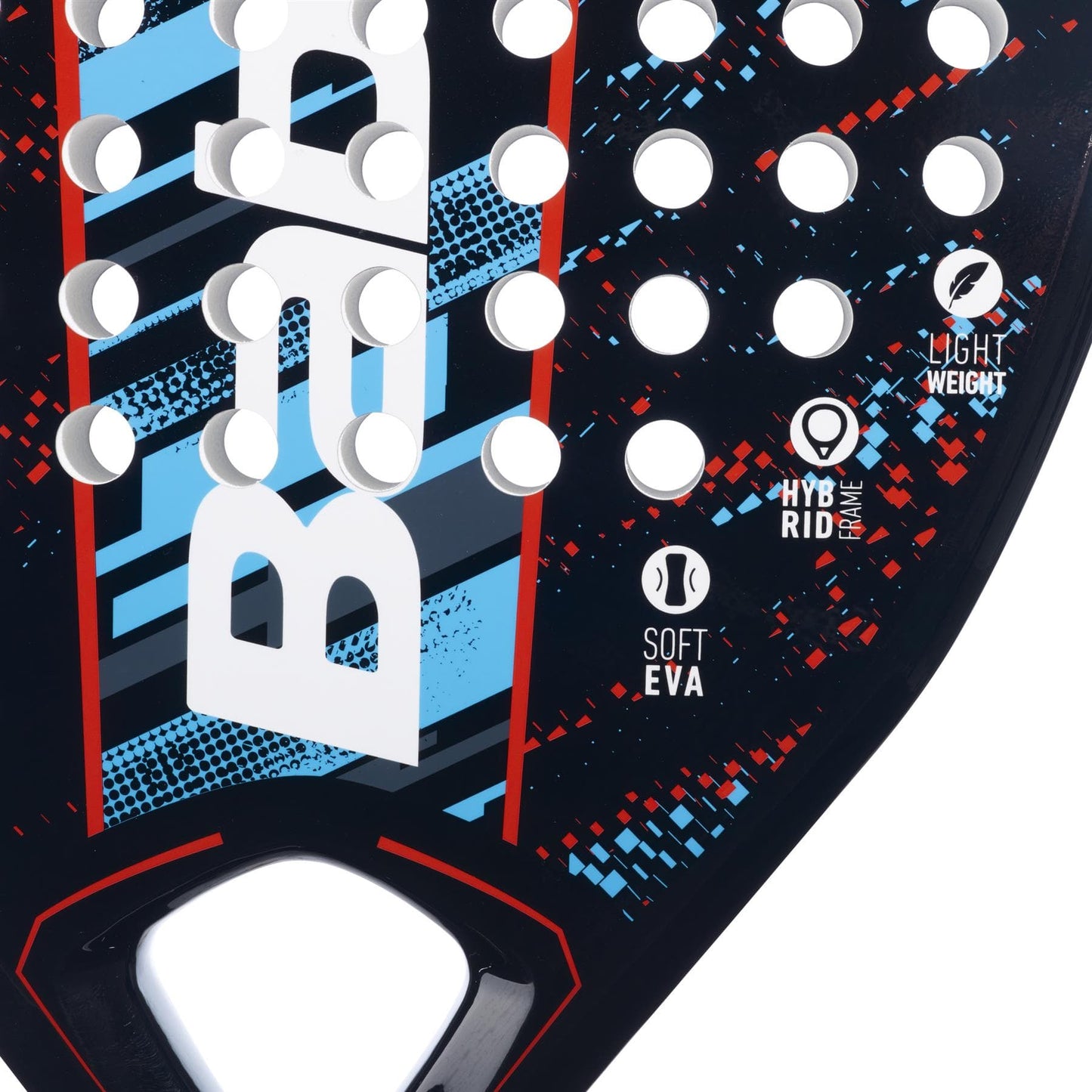 Zoomed-in view of the Babolat Reflex Padel Racket in a sleek black and blue design. The diamond-shaped head is adorned with the phrases "Light Weight," "Hybrid Frame," and "Soft EVA" in white lettering. Made from a carbon fiber composite, it showcases distinct white holes across its surface.