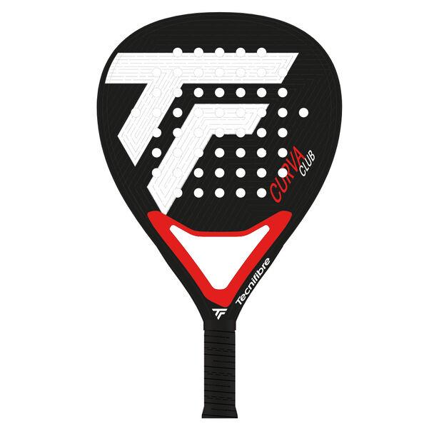 The Tecnifibre Curva Club Padel Racket in black/red features a large white logo with diagonal lines and red accents. The handle sports the brand name in white, while SPIN SKIN 3D technology ensures an enhanced grip for superior play.