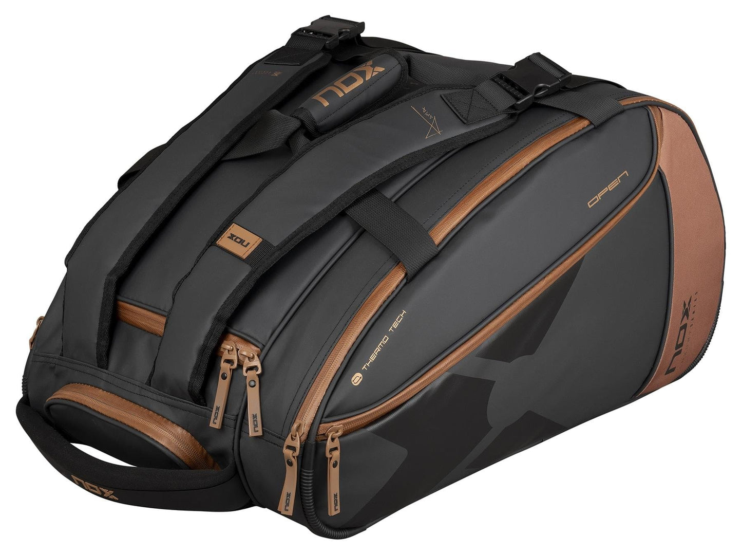 The NOX Luxury Open Series Padel Racket Bag in black and brown features multiple zippers, padded straps with visible NOX branding, and ThermoTech technology for a sleek, modern look.