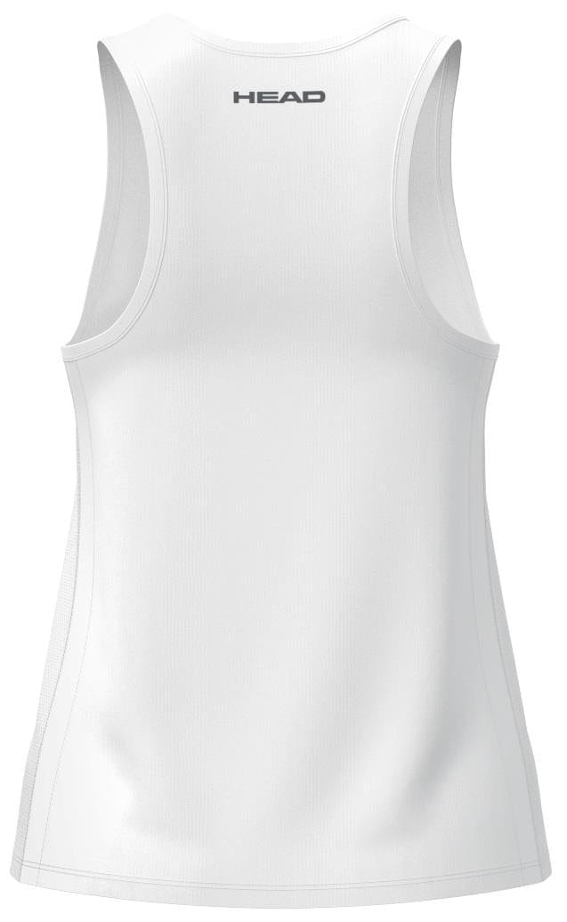 The HEAD Club 25 Tech Womens Padel Tank Top - White is a sleeveless sports top featuring "HEAD" in black on the upper back. Made with Moisture Transfer Microfiber technology, it offers a breathable, smooth, and fitted feel ideal for athletic activities against a plain white backdrop.