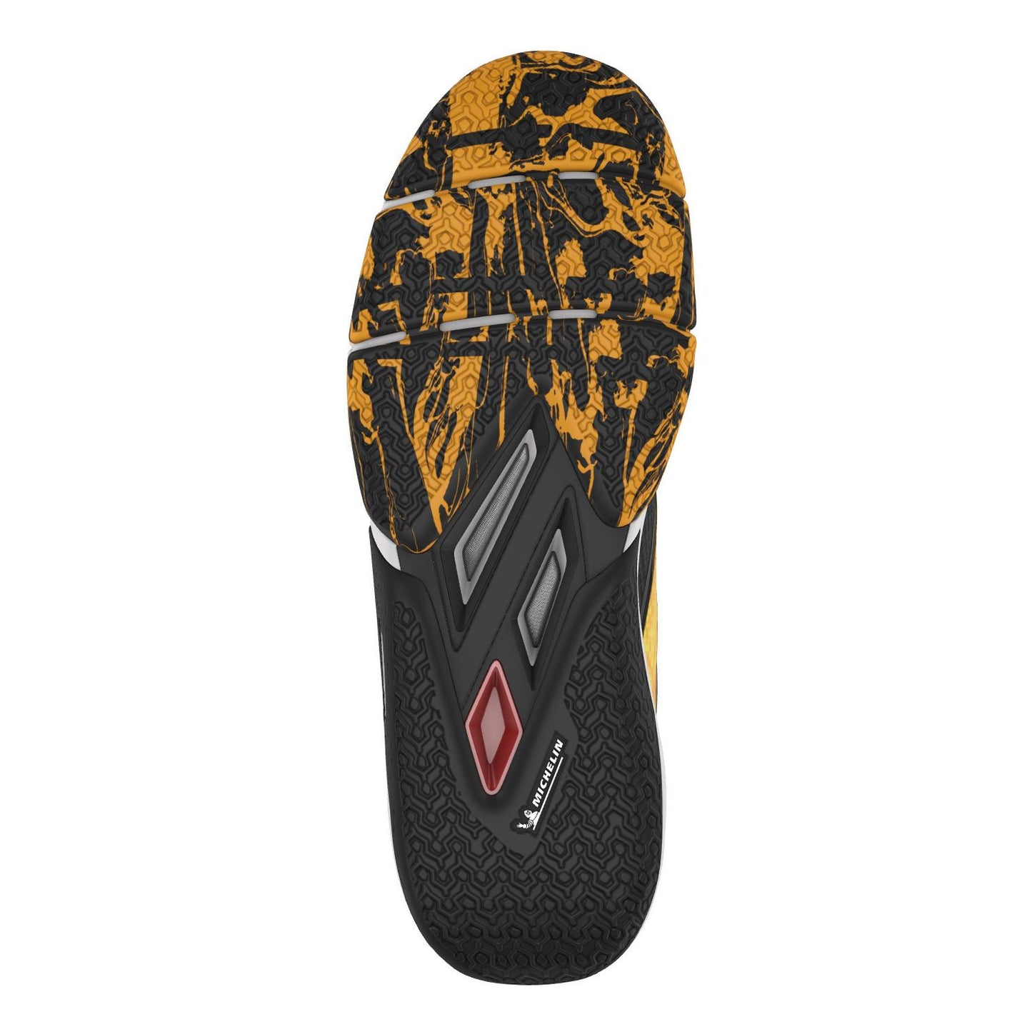 The image displays the geometric tread of a shoe sole in black and saffron with a red accent, prominently featuring the "Michelin" logo. It suggests these are Babolat Movea 2 Men's Padel Shoes.