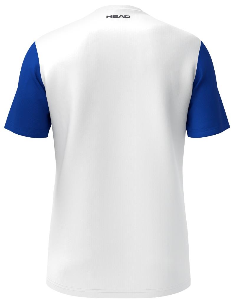 The HEAD Club Tech 25 Men's Padel T-Shirt in Royal Blue/White features "HEAD" on the back near the collar. Made with Moisture Transfer Microfiber, it ensures you stay cool during intense matches.