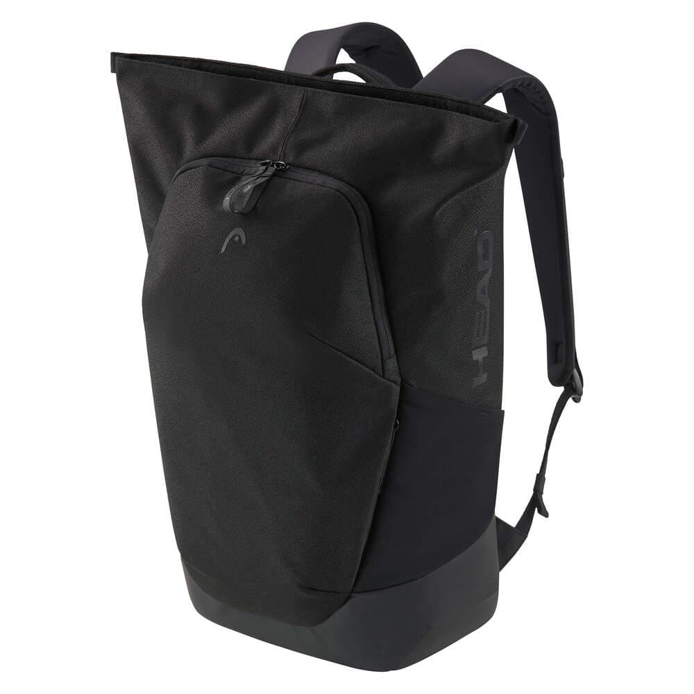 The HEAD Pro X Padel Backpack 25L - Black features urban style, a large front zippered pocket, side pocket, adjustable shoulder straps, and the HEAD logo printed vertically on one side.