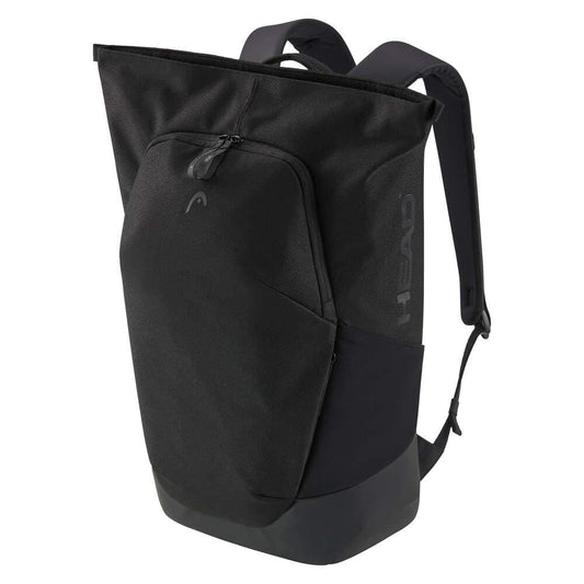 The HEAD Pro X Padel Backpack 25L - Black features urban style, a large front zippered pocket, side pocket, adjustable shoulder straps, and the HEAD logo printed vertically on one side.