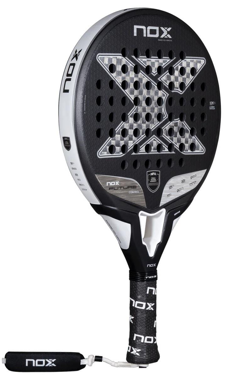 The NOX NFA Future Control 12K Alum Padel Racket in black and white features a round, perforated surface with a large "X" design, Carbon Alum 12K construction for control, a detachable wrist strap, and black grip with white branding.