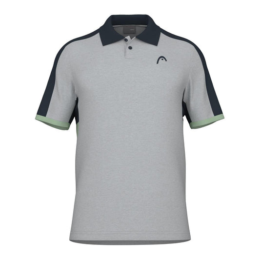 The HEAD Performance Play Tech Men's Polo Shirt - GRCE is crafted from Moisture Transfer Microfiber to enhance breathability. It features a light gray body with a discreet logo on the left chest, dark navy shoulder panels and sleeves, green trim at the cuffs, and is finished with a classic collar and button-down placket.