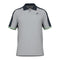 The HEAD Performance Play Tech Men's Polo Shirt - GRCE is crafted from Moisture Transfer Microfiber to enhance breathability. It features a light gray body with a discreet logo on the left chest, dark navy shoulder panels and sleeves, green trim at the cuffs, and is finished with a classic collar and button-down placket.