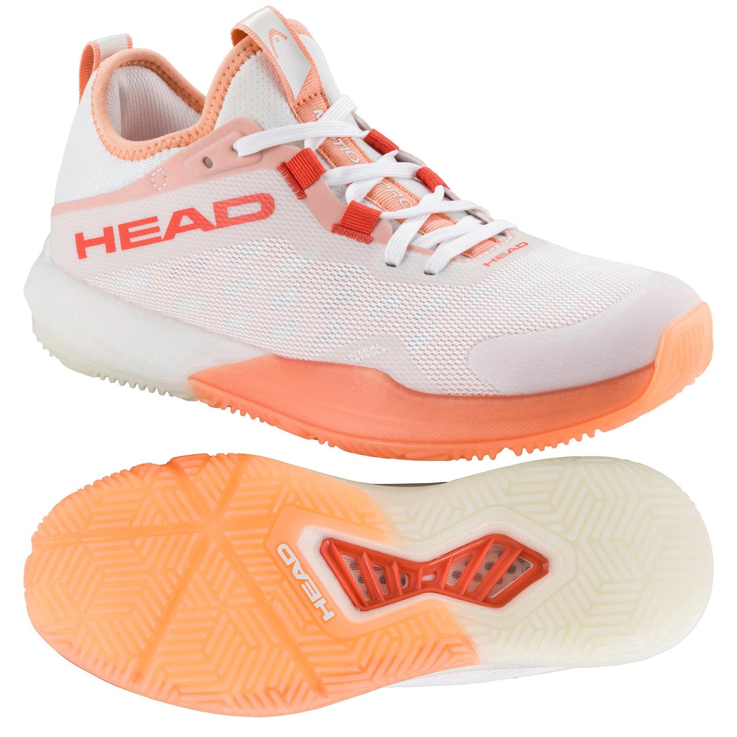 The HEAD Motion Pro Women's Padel Shoes in white and coral are ideal for padel enthusiasts, featuring "HEAD" branding, a mesh upper, lace-up closure, two-tone sole with DynaFoam cushioning, and a textured grip pattern.