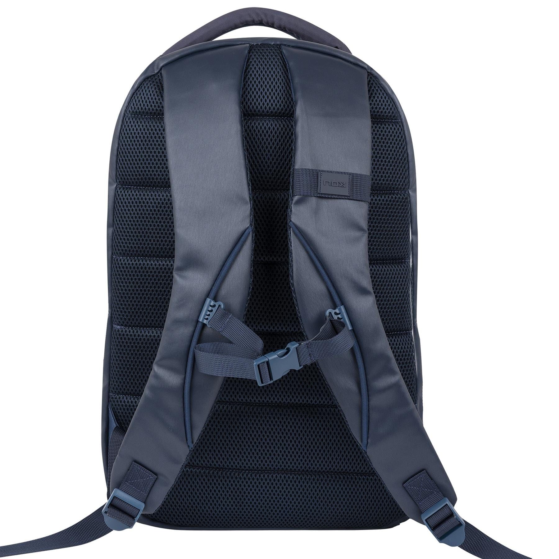 The NOX Pro Series Padel Backpack - Blue by NOX is shown from the back, featuring padded, adjustable shoulder straps, a ventilated padded back panel, and a small top fabric handle.