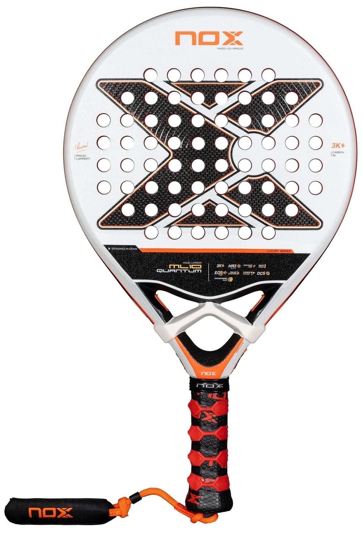 The NOX ML10 Luxury Quantum 3K By Miguel Lamperti 2025 padel racket features a white and black 3K carbon fibre face with orange accents, bold "X" design, black/red grip tape on the handle, and an attached black wrist strap.