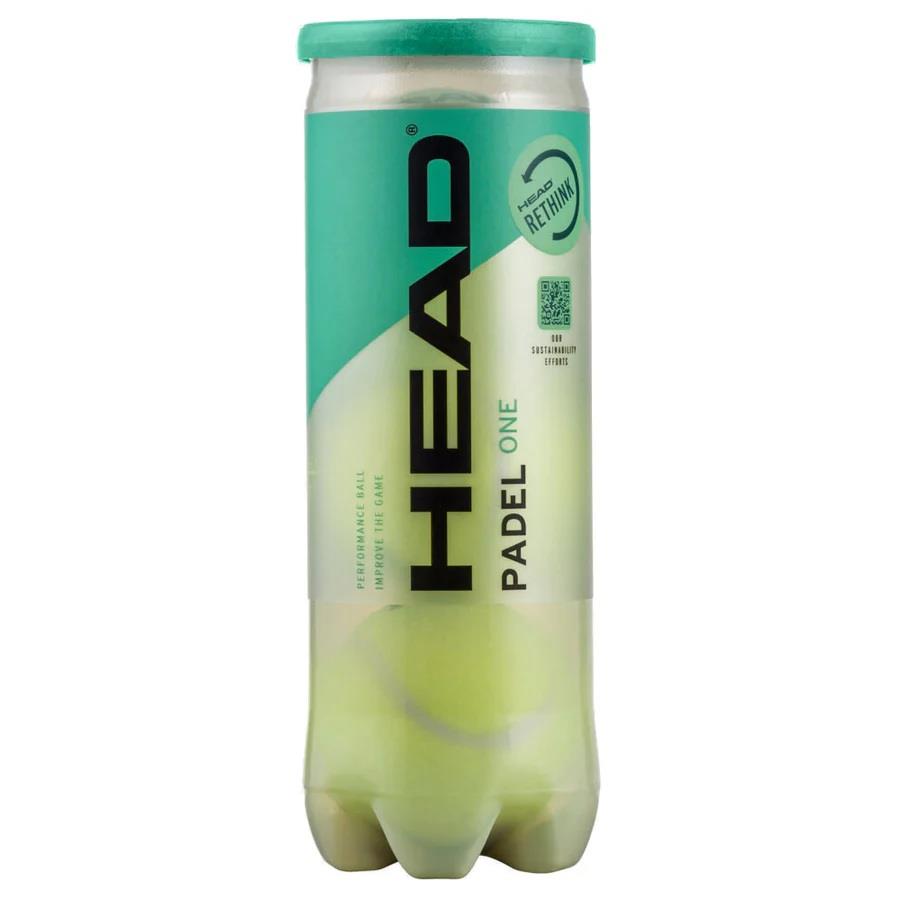 The HEAD Padel ONE Padel Balls tube features a green cylindrical design with black and white text. Inside are three visible yellow performance balls, and the green lid displays the "Rethink" logo.