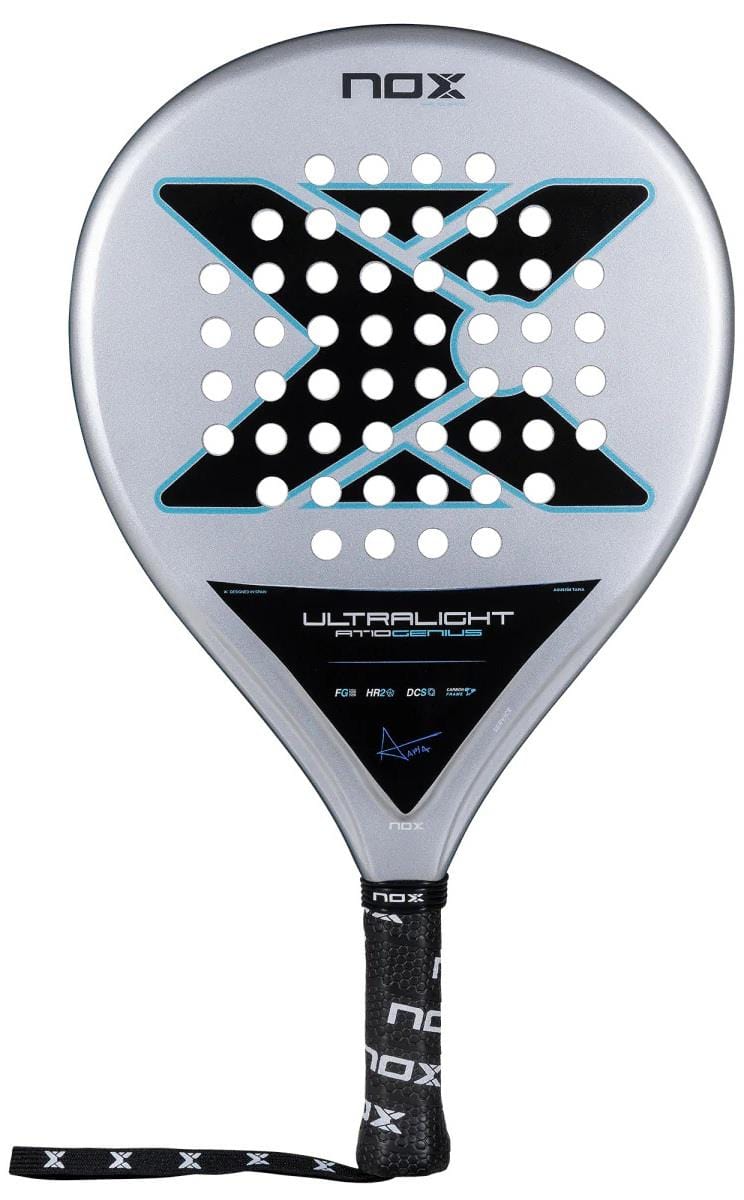 The NOX AT10 Genius Ultralight By Augustin Tapia 2025 padel racket features a silver Fibre Glass Silver finish, large black X design, circular perforations, black handle with NOX wrist strap, and "Ultralight Pro" text on the lower face.