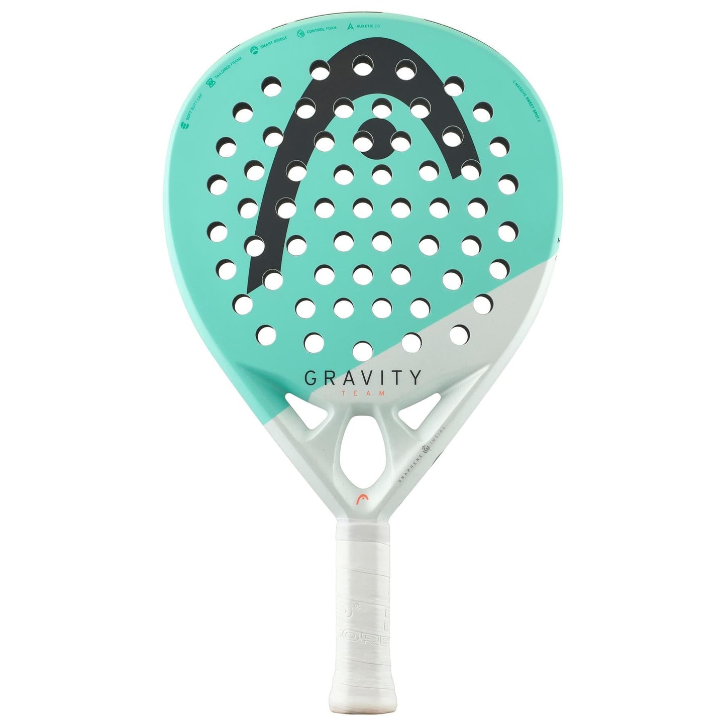 The HEAD Gravity Team 2024 Padel Racket features a mint and white design, ideal for intermediate players. Its perforated surface with circular holes improves gameplay, while the handle is wrapped in white material to ensure a good grip. Enjoy enhanced control with Auxetic 2.0 technology.