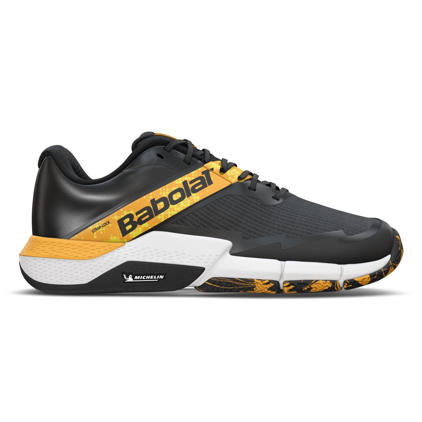A side view of the Babolat Movea 2 Men's Padel Shoes highlights a sleek black design with saffron and white accents. The brand logo is prominently featured, and its Michelin Padel sole has a detailed tread pattern for superior grip.