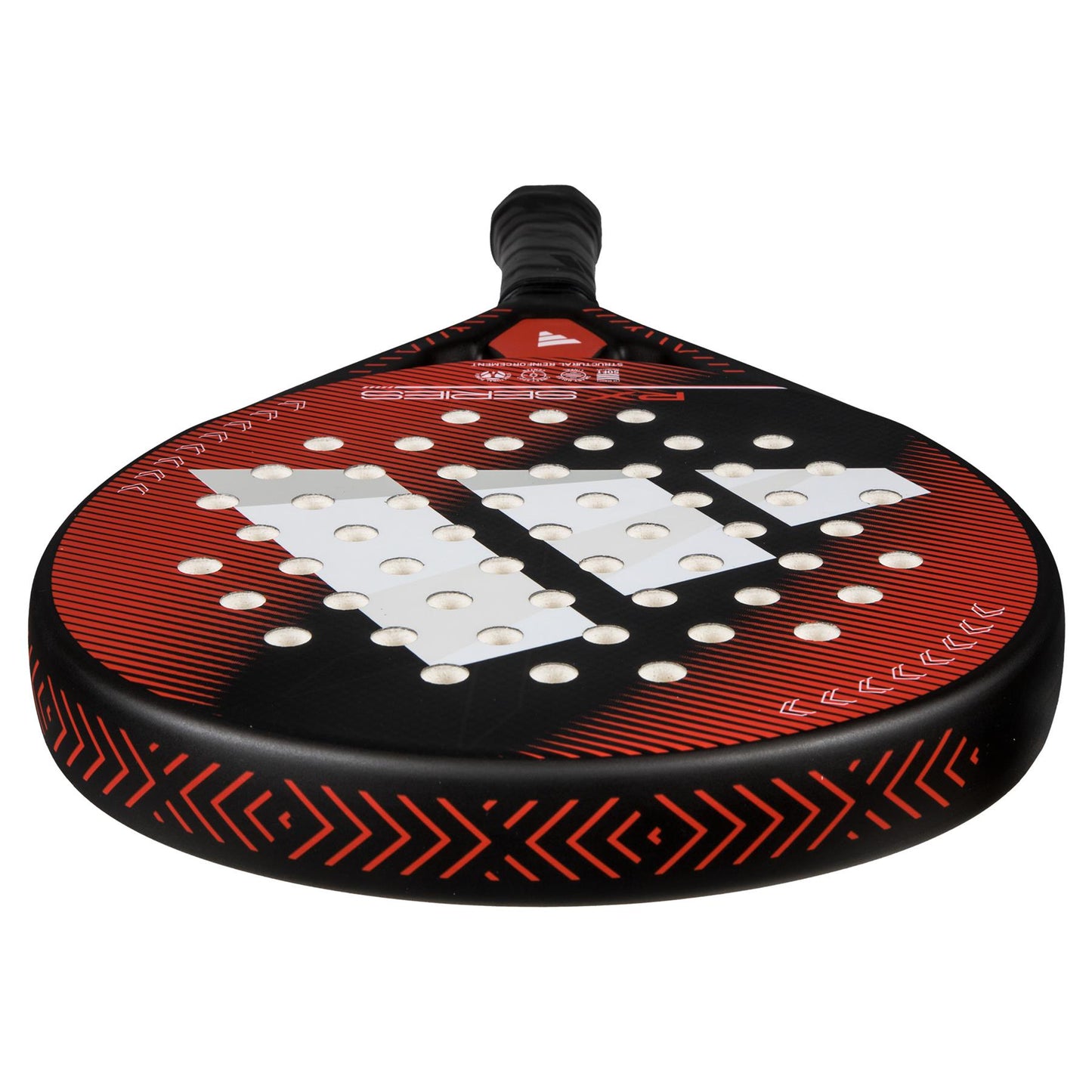 The ADIDAS RX Series Red 3.4 Padel Racket by adidas is designed for intermediate players with a circular head. This black and red racket features round holes for aerodynamics, a black-wrapped handle, and diagonal red lines across its surface.