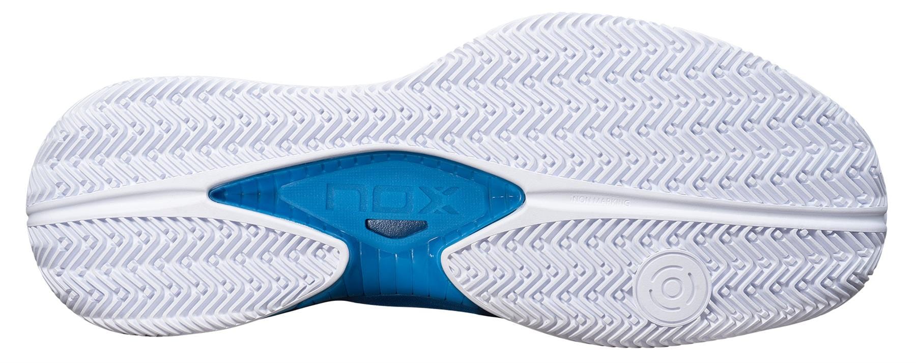Close-up of the NOX Nerbo Mens Padel Shoes - White / Swedish Blue sole, featuring a zigzag and dot pattern and blue midsection with "NOX" branding—engineered by NOX brand for advanced comfort, performance, and technology. Circular logo near the heel.