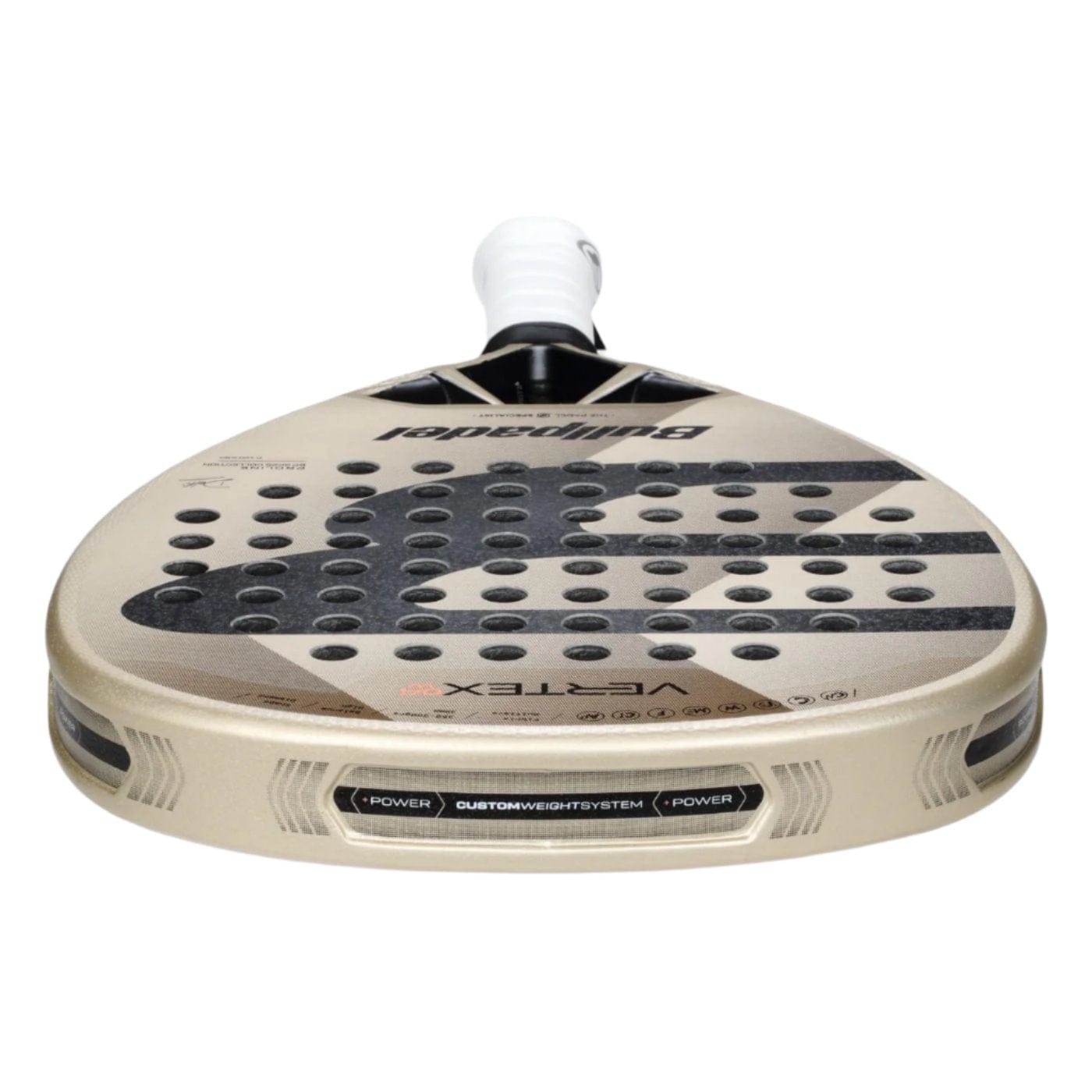 A champagne and black padel racket, ideal for advanced players, rests on a white surface. It boasts a perforated design with a textured handle and the "Vertex" logo on its face. The Bullpadel Vertex 04 W 2025 name is prominently displayed near the top, highlighting its premium quality.