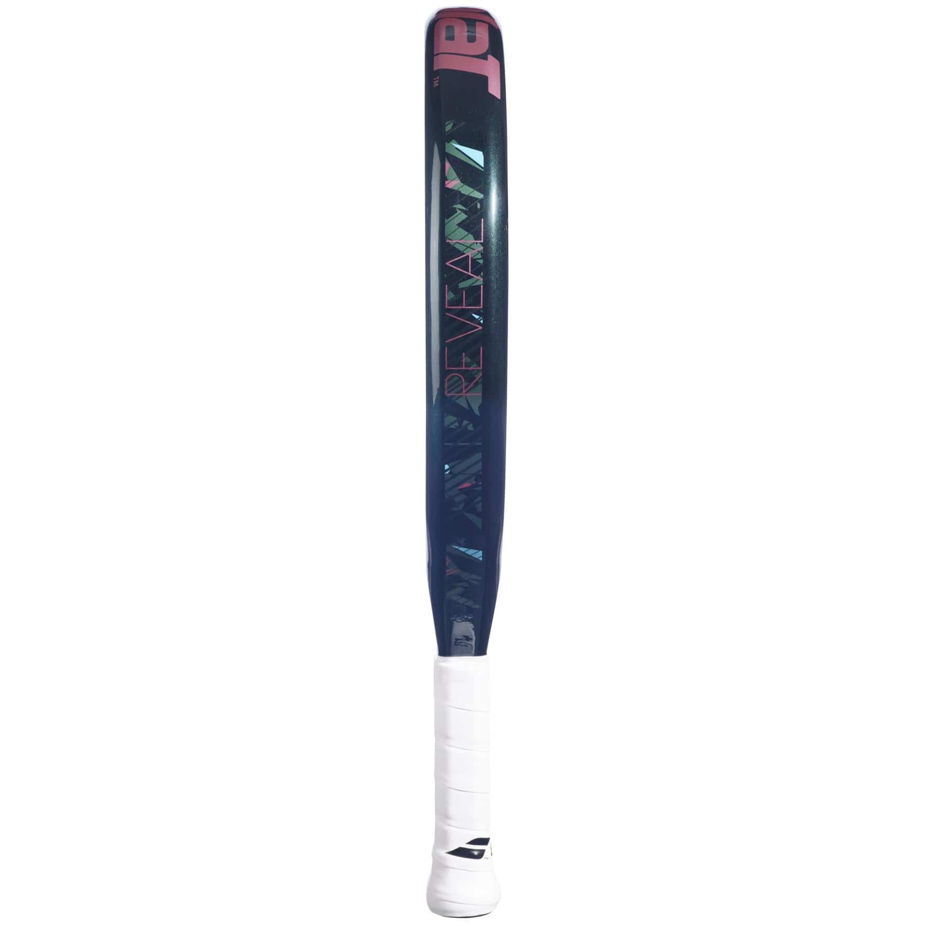 Side view of the Babolat Reveal Padel Racket in a dark green and pink color scheme, featuring a white grip and dark frame. Constructed from a carbon fiber and fiberglass composite, its vibrant design includes text in shades of pink and blue. The Babolat logo is prominently displayed on the handle, making it perfect for beginner padel players.