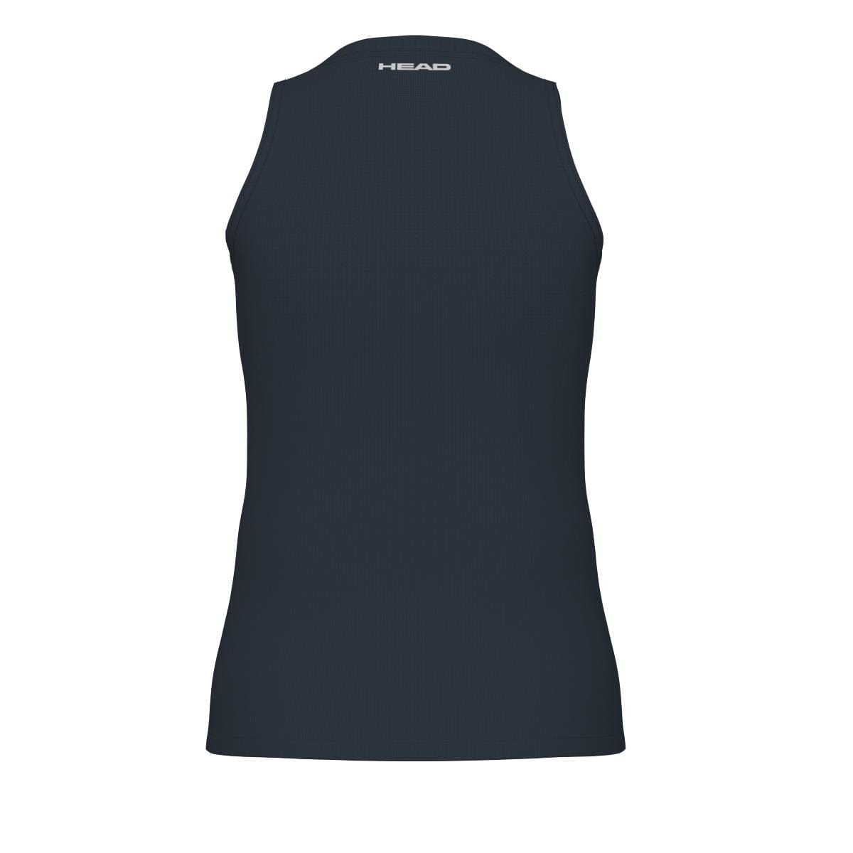 Here's a description of the HEAD Performance Women's Padel Tank Top - Navy: The back view features moisture transfer microfibre for improved comfort. This sleeveless dark navy tank top displays "HEAD" in small white letters at the top center near the neckline.
