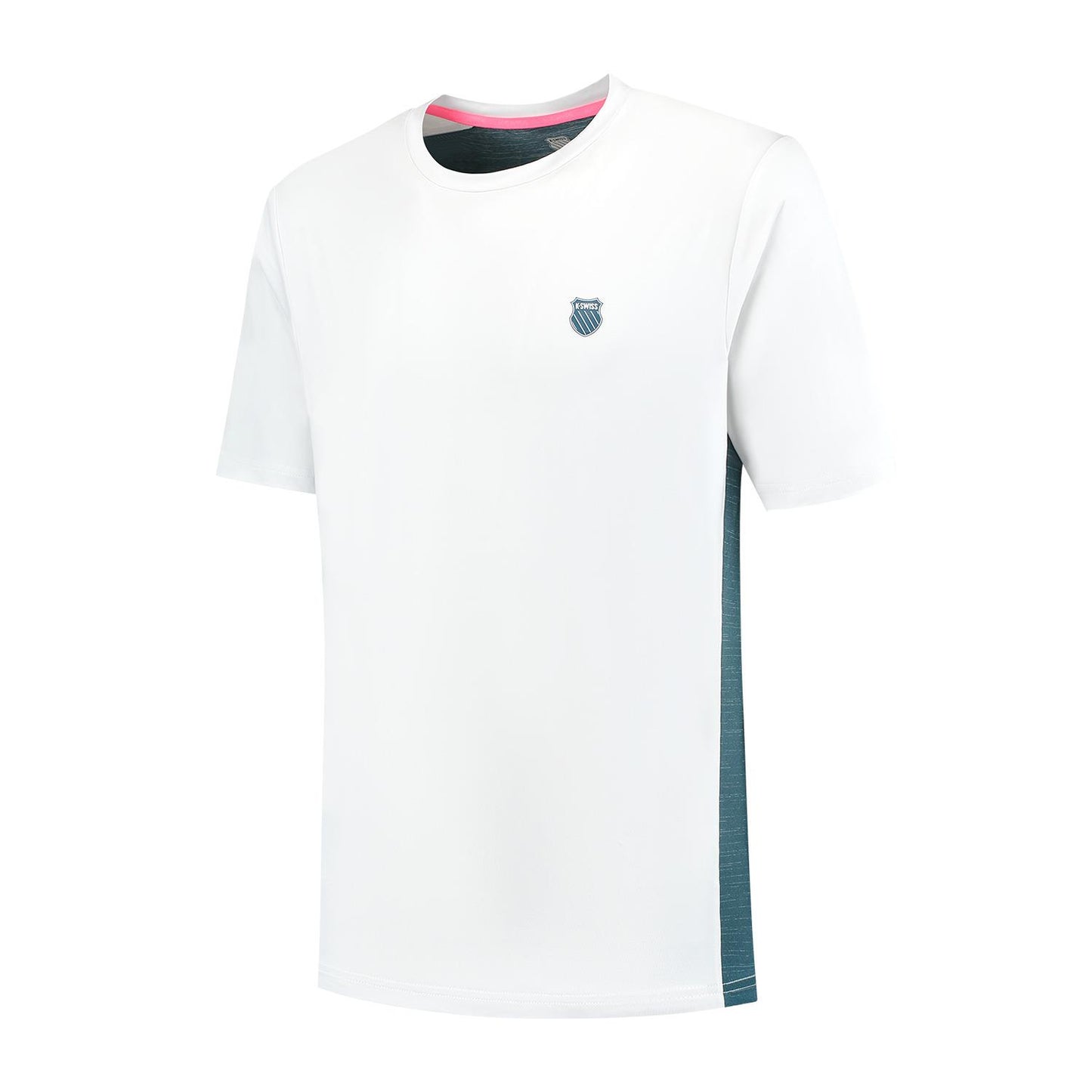 The K-Swiss Hypercourt Mix Melange Men's Padel T-Shirt in White/Stargazer features breathable fabric, short sleeves, a round neckline, small embroidered chest logo, and contrasting dark side panels, ideal for sports or casual wear.
