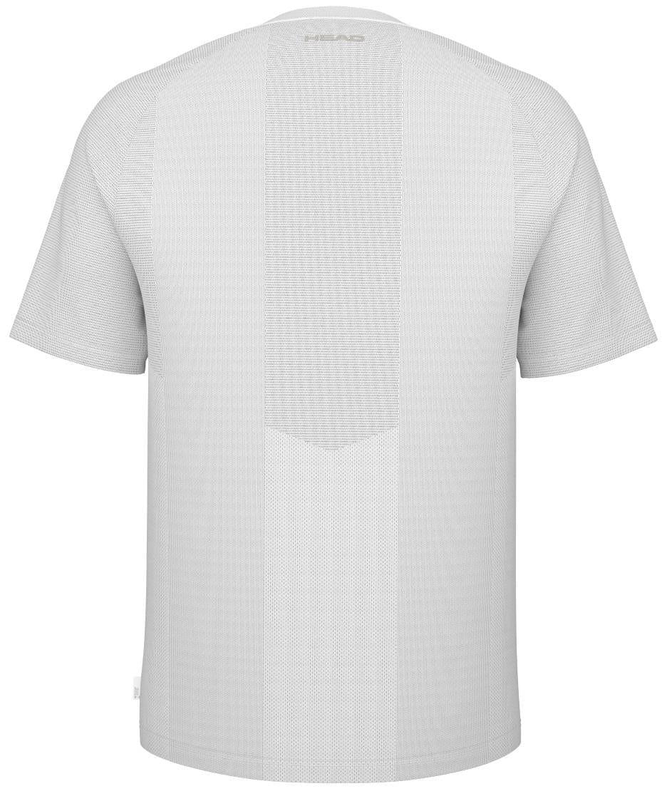 Back view of the HEAD Performance Men's Padel T-Shirt in white, featuring short sleeves and a subtle mesh pattern for breathability. Designed with moisture transfer microfiber technology, it has a small logo at the neck area.