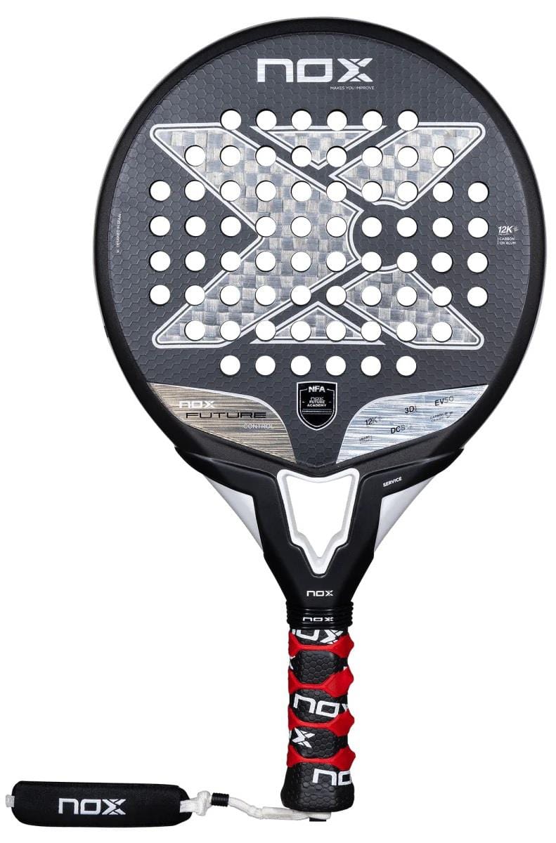 The NOX NFA Future Control 12K Alum Padel Racket in black/white features a large white "X," round perforations, and a black, red, & white grip. It has a black wrist strap with the NOX logo and premium Carbon Alum 12K construction.