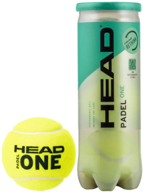 A green tube labeled "HEAD Padel ONE" holds three performance padel balls, visible through a clear section. The yellow balls feature "Head One" in black, and the tube includes a "Rethink" circular label.