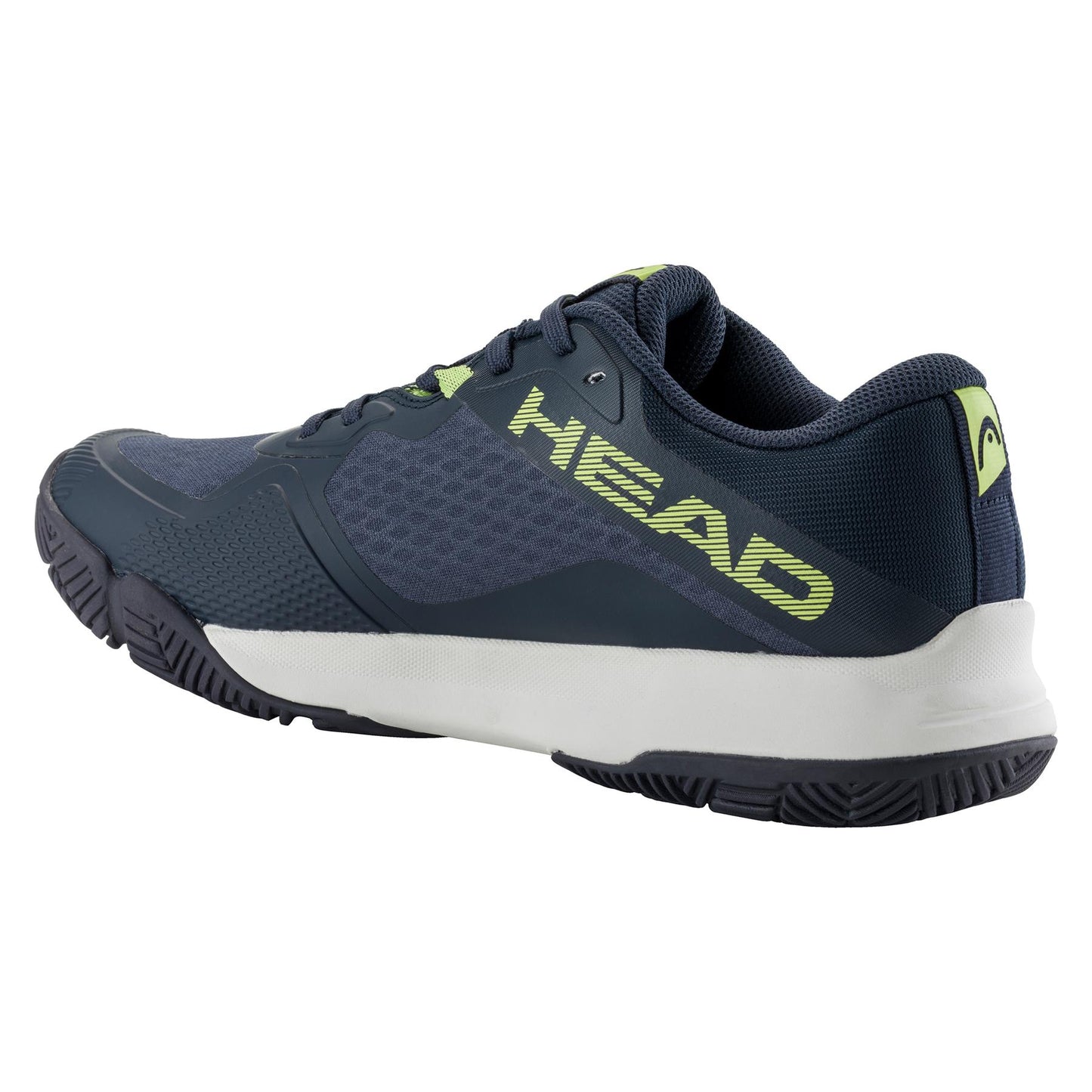The HEAD Motion Team Men's Padel Shoes in navy and lime feature a white sole, the "HEAD" logo on the side, lateral control, and a textured design for 360-degree grip, ideal for padel enthusiasts.