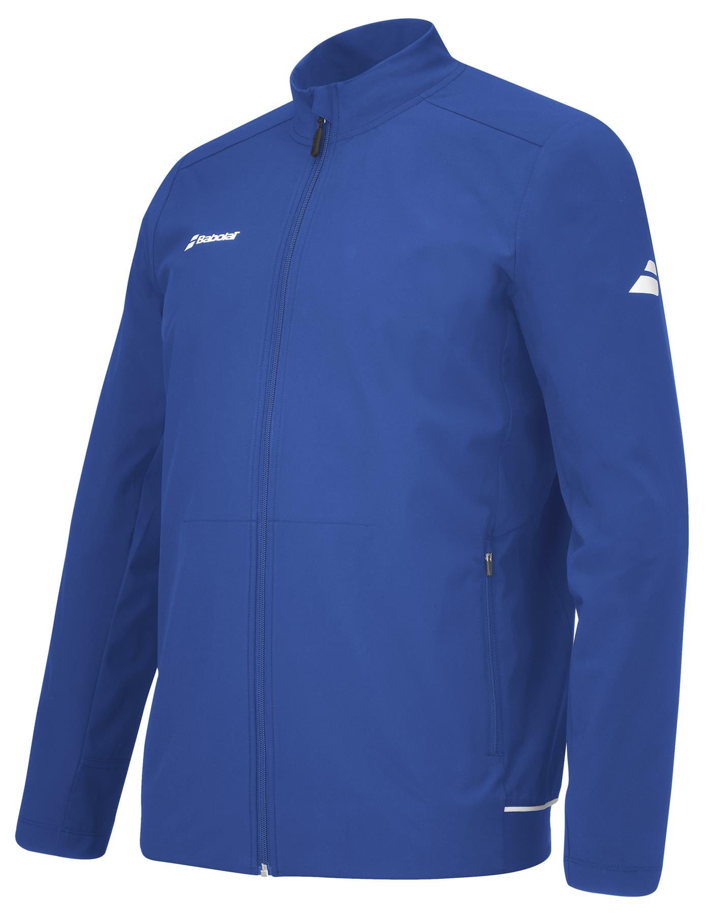 Introducing the Babolat Play Men's Padel Jacket in Sodalite Blue. This jacket features a high collar and elegant white logo detailing on the chest and sleeve. Crafted from recycled polyester, it includes convenient zippered side pockets and showcases a sleek, fitted design.