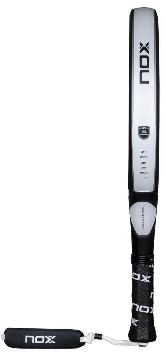 The NOX NFA Future Control 12K Alum Padel Racket in black and white by NOX features a black grip and wrist strap, shown vertically against a white background.