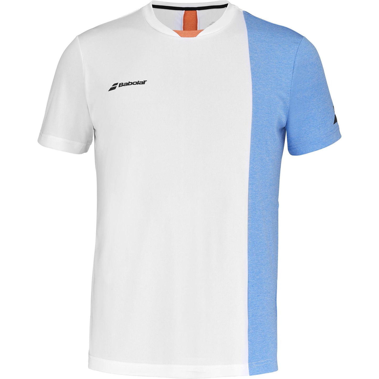 The Babolat Play Crew Men's Padel T-Shirt in white and blue heather combines recycled polyester fabric with Fiber Dry technology. It features a stylish blue panel on the right side and "Babolat" printed in black on the left chest and right sleeve for a sporty look.
