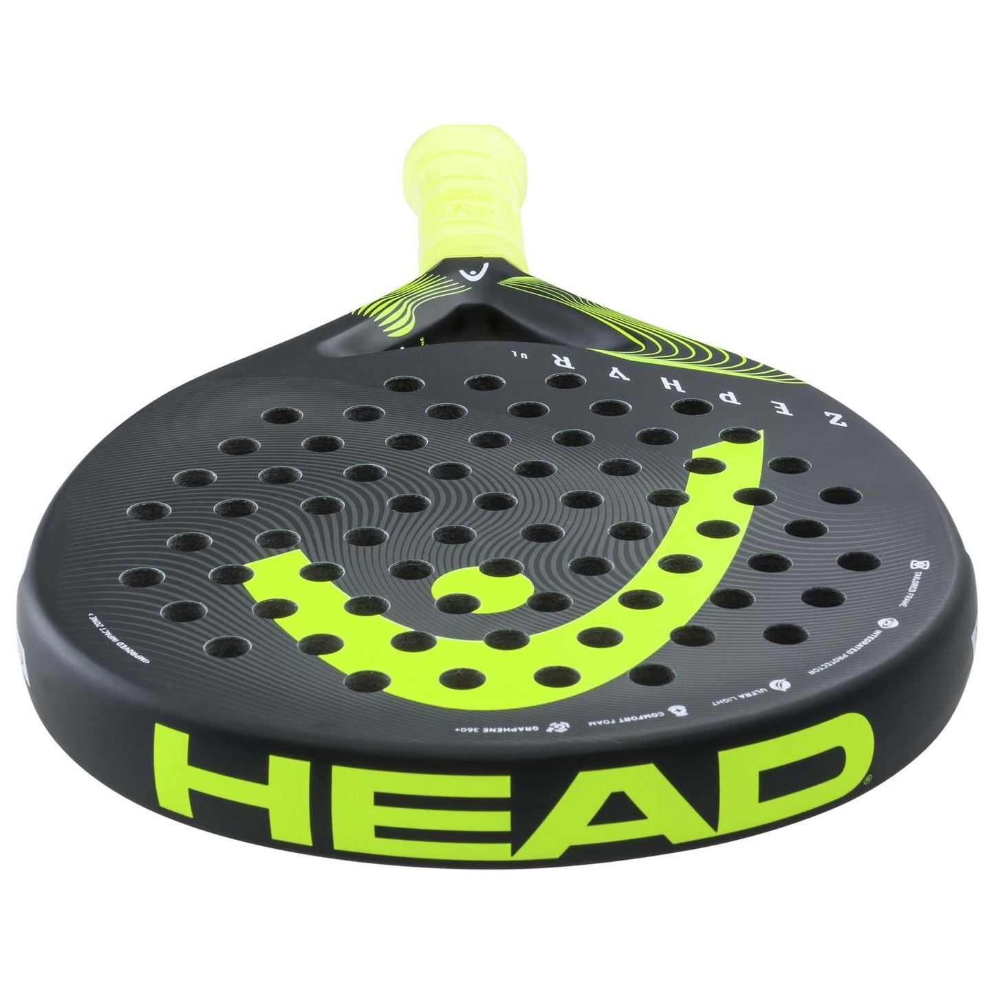 The HEAD Zephyr UL 2023 Padel Racket is an eye-catching black racket accented with vibrant neon yellow, featuring a perforated face and the brand name displayed prominently in bold yellow letters. It incorporates Power Foam and Graphene 360+ technology, with a handle grip in striking neon yellow.