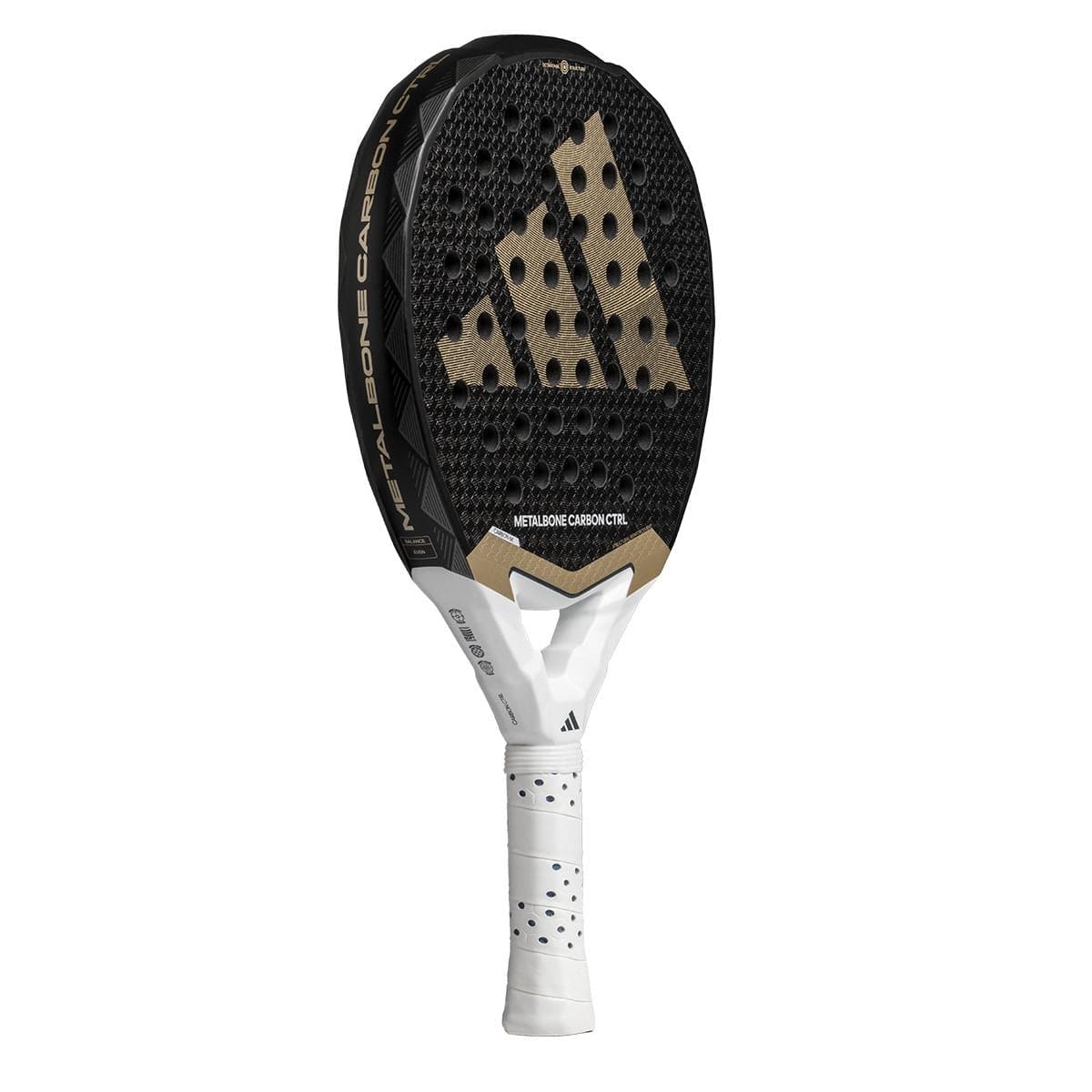 The ADIDAS Metalbone Carbon CTRL 3.4 Padel Racket, designed for advanced players, features a black and gold textured surface with a prominent logo. Its white handle has perforations for optimal grip, and "Metalbone Carbon CTRL" is displayed on the racket head.